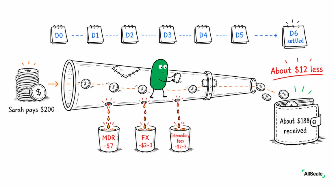 The real journey of a cross-border card payment: 5 players, 6 days, 12 dollars lost: 4. What the same trip looks like with stablecoins