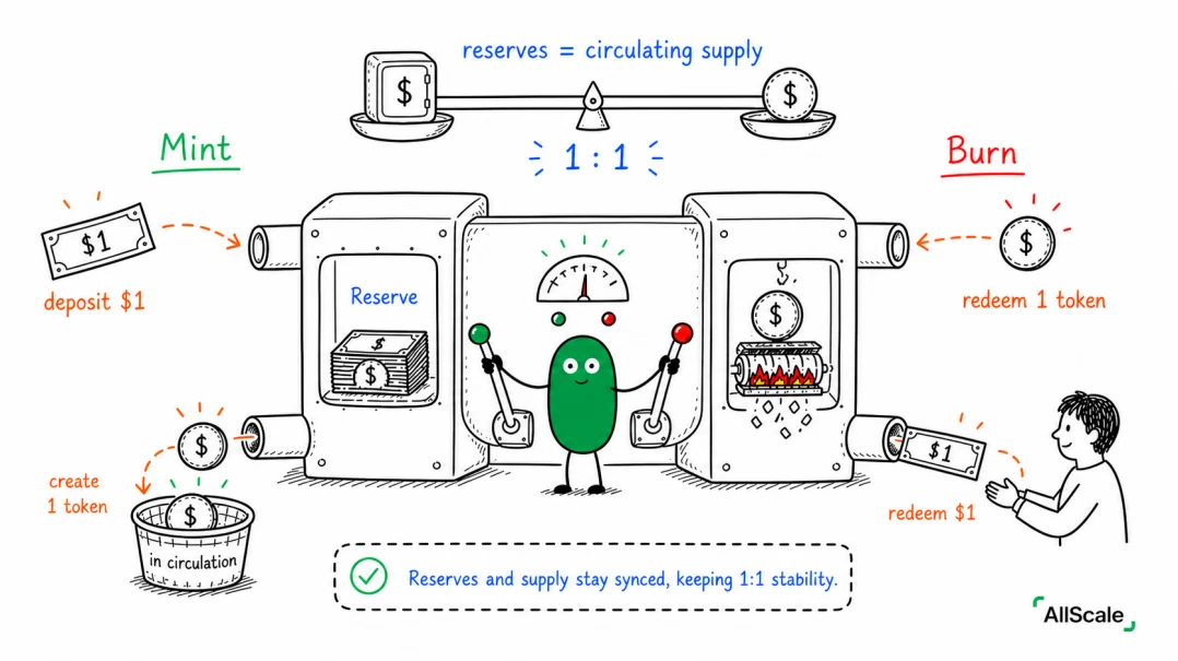 What exactly is a stablecoin? And how does it stay "stable" at $1?: That's also why the price stays near $1: you can redeem 1-for-1 anytime. If the market price drifts, say down to $0.98, someone buys cheap and redeems at $1 to pocket the spread. That arbitrage pushes the price back to $1. That pull-back force is where the peg gets its strength.